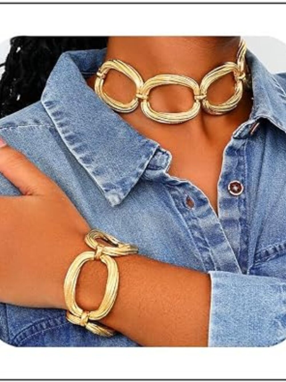 Gold Oval Choker and Bracelet Set Luxury Style Jewelry Thick Punk Cuban NEW